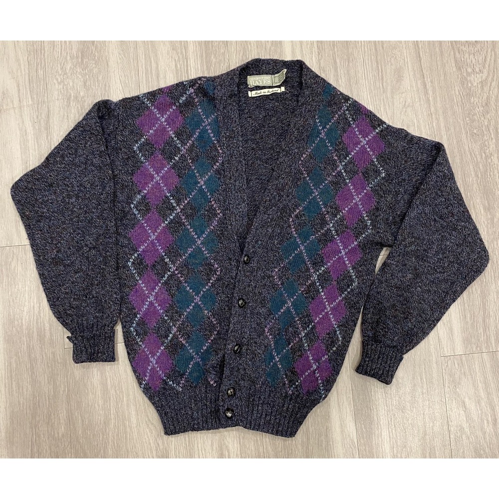 Christopher Hayes Cardigan argyle‎ pattern Plaid 100% Shetland Wool Grandpa Sz M